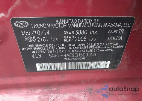 2014 Hyundai Elantra Se from USA, damaged, VIN 5NPDH4AE9EH503306